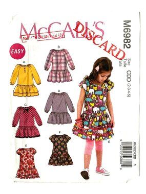 McCalls M6982 Sewing Pattern Childrens Easy Raglan Sleeve Drop Waist Dresses sz